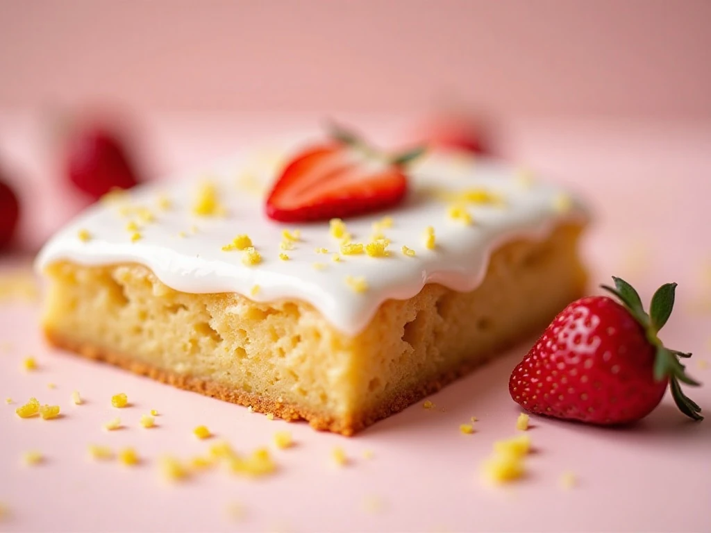 Close-up of glazed strawberry lemon blondie with lemon zest