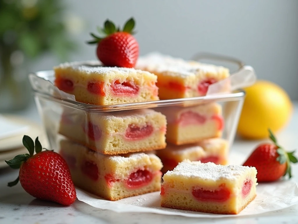 Strawberry lemon blondies stored in an airtight container