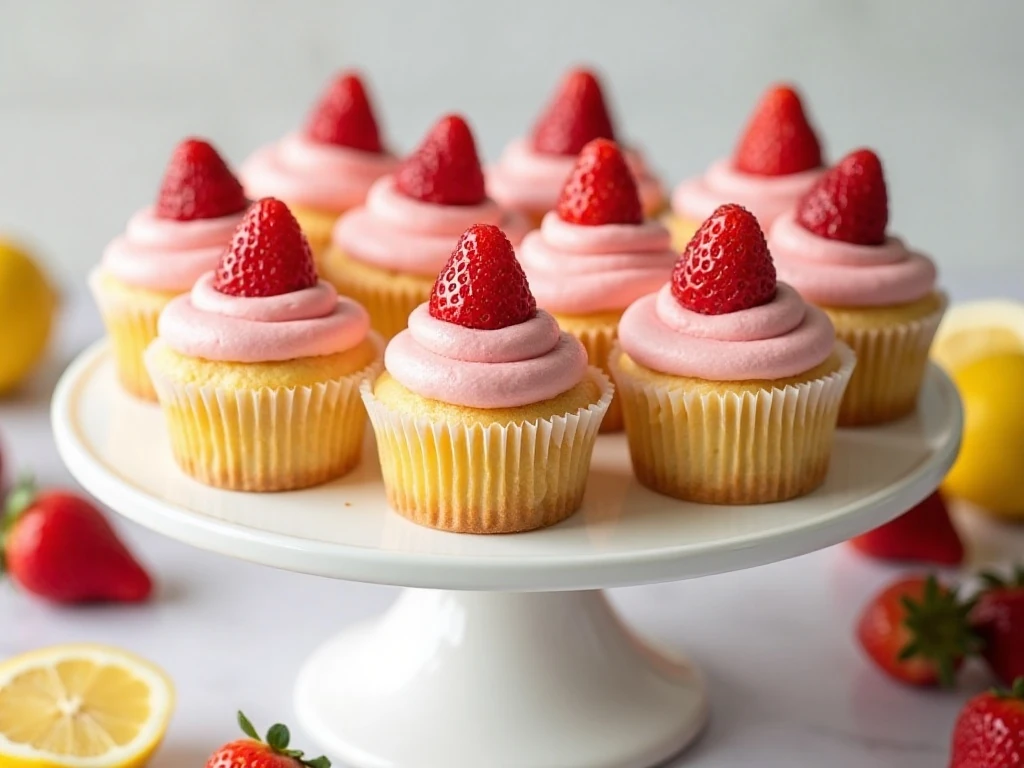 Strawberry lemonade cupcakes with pink buttercream arranged on a cake stand