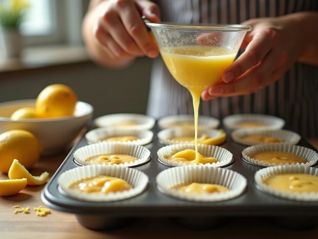 Lemon cupcake batter being divided into paper-lined muffin cups