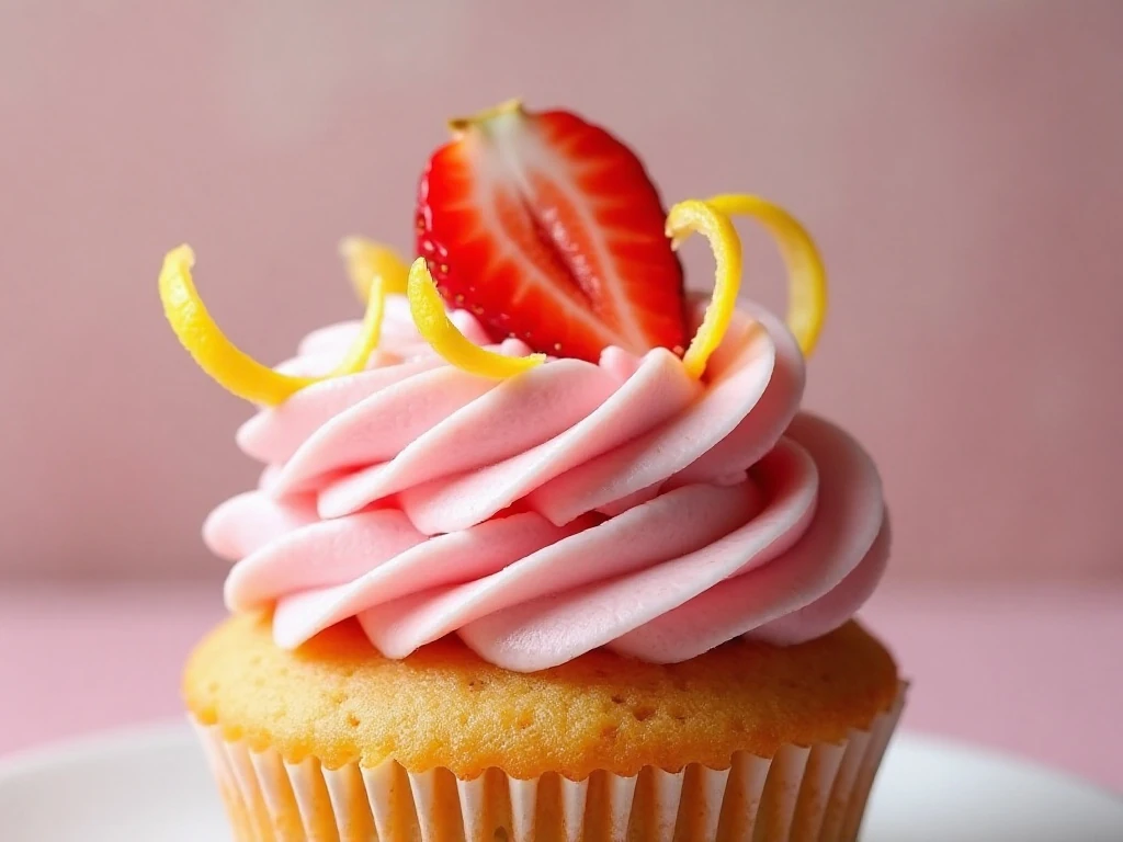 Close-up of strawberry-lemon buttercream with strawberry and lemon zest garnish