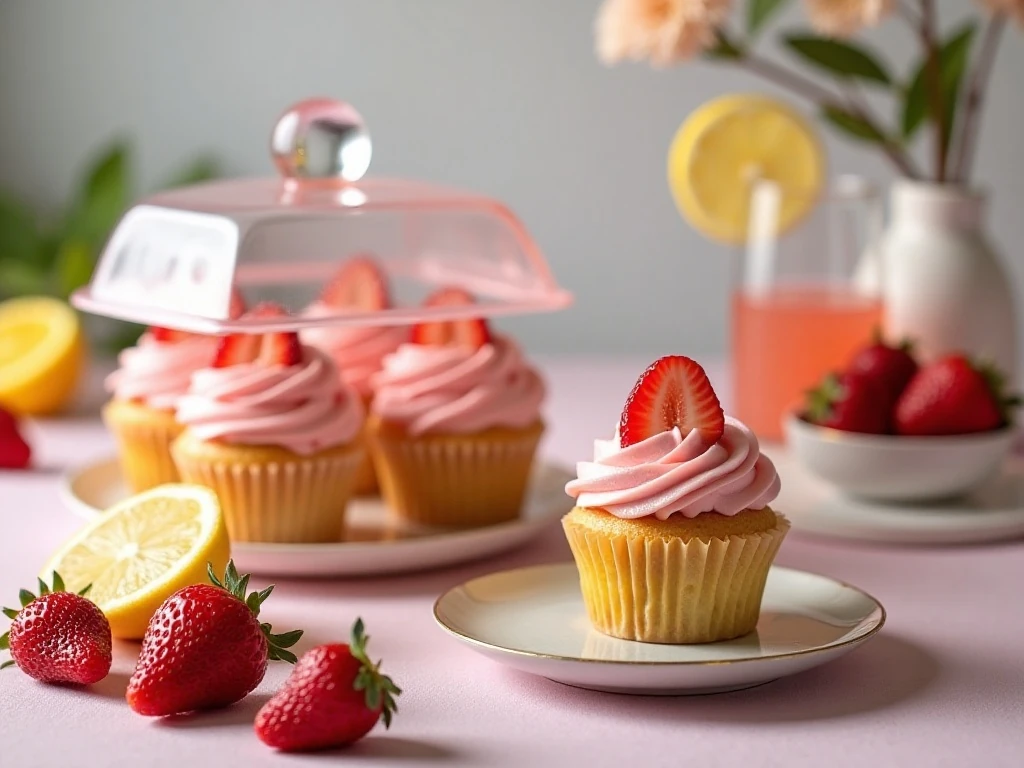 Covered and ready-to-serve strawberry lemonade cupcakes