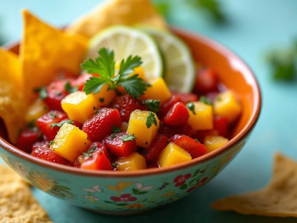 Fresh strawberry mango salsa served with tortilla chips