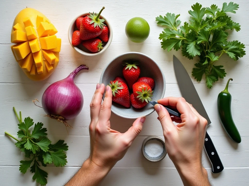 Ingredients for fresh strawberry mango salsa