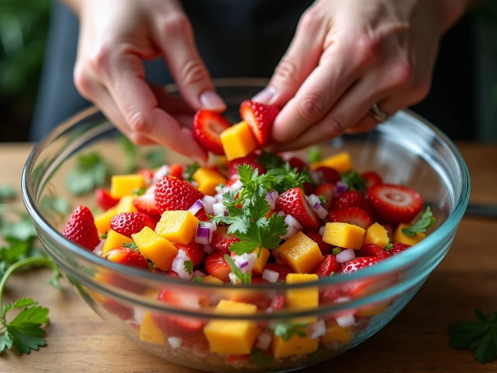 Gently mixing strawberry mango salsa ingredients