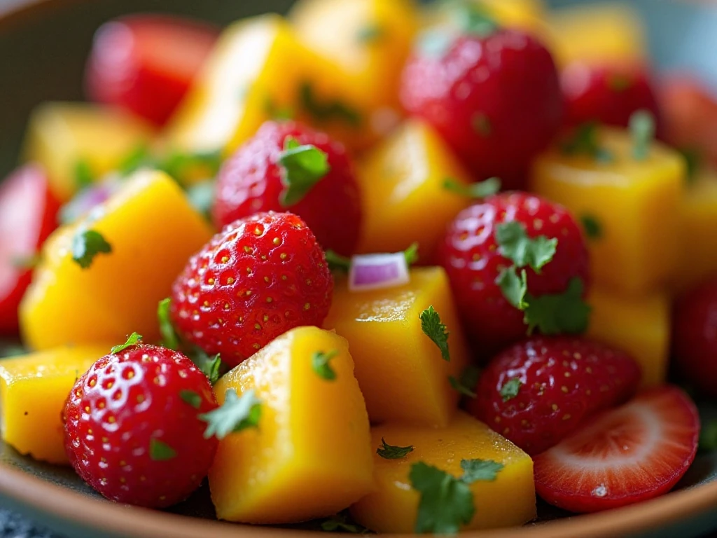 Close-up of evenly diced strawberry mango salsa
