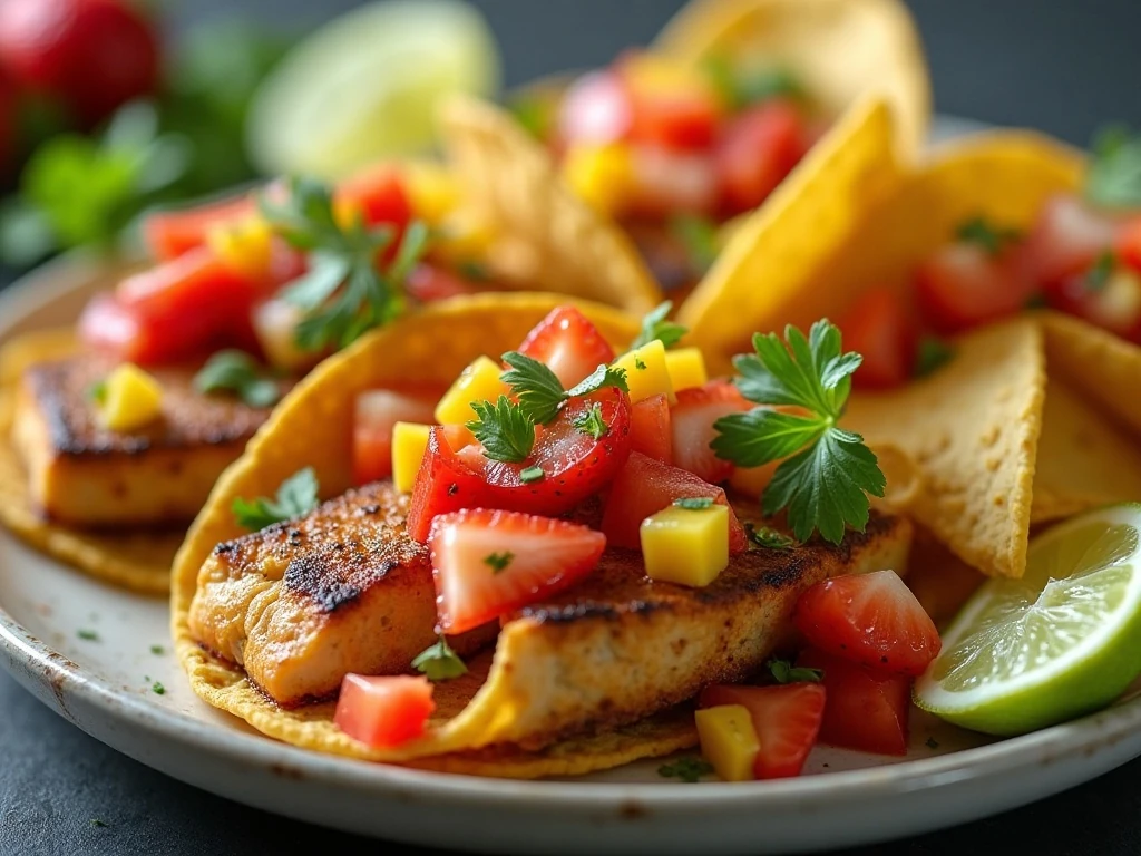 Strawberry mango salsa with chips and tacos