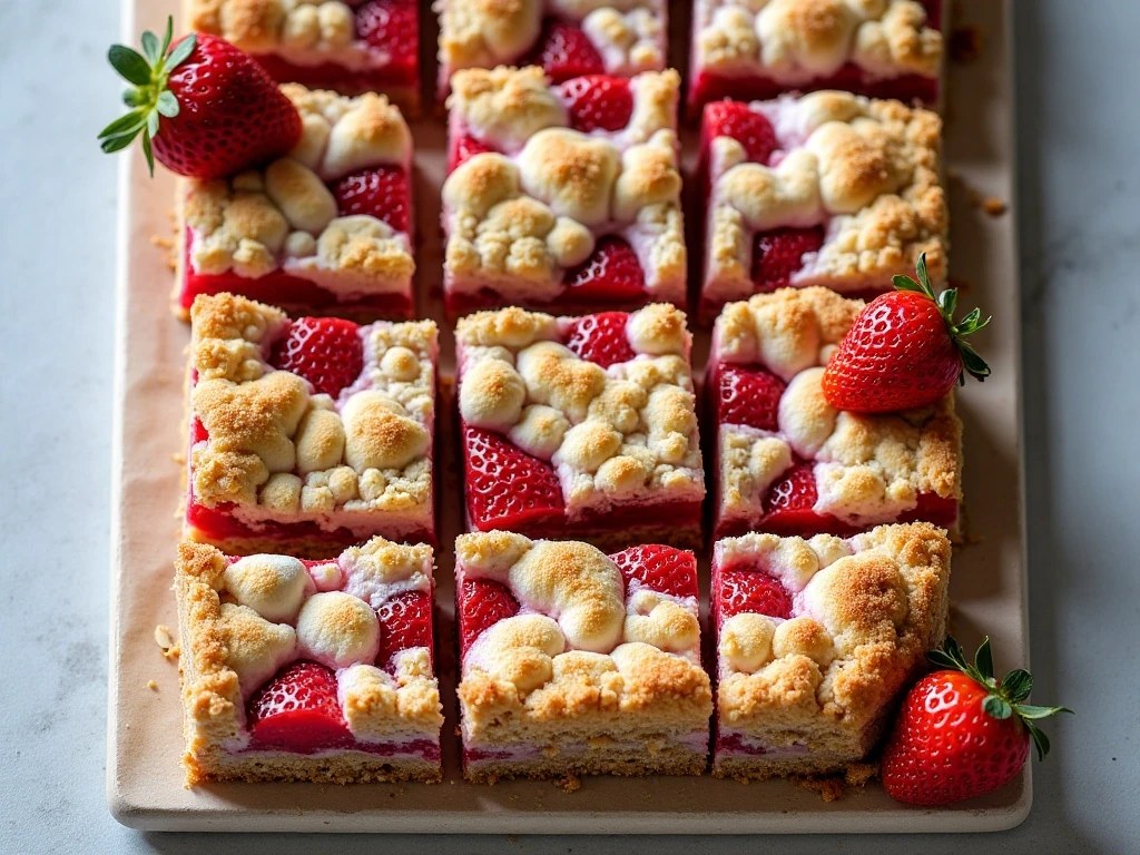 Strawberry marshmallow crumb bars arranged on a serving platter