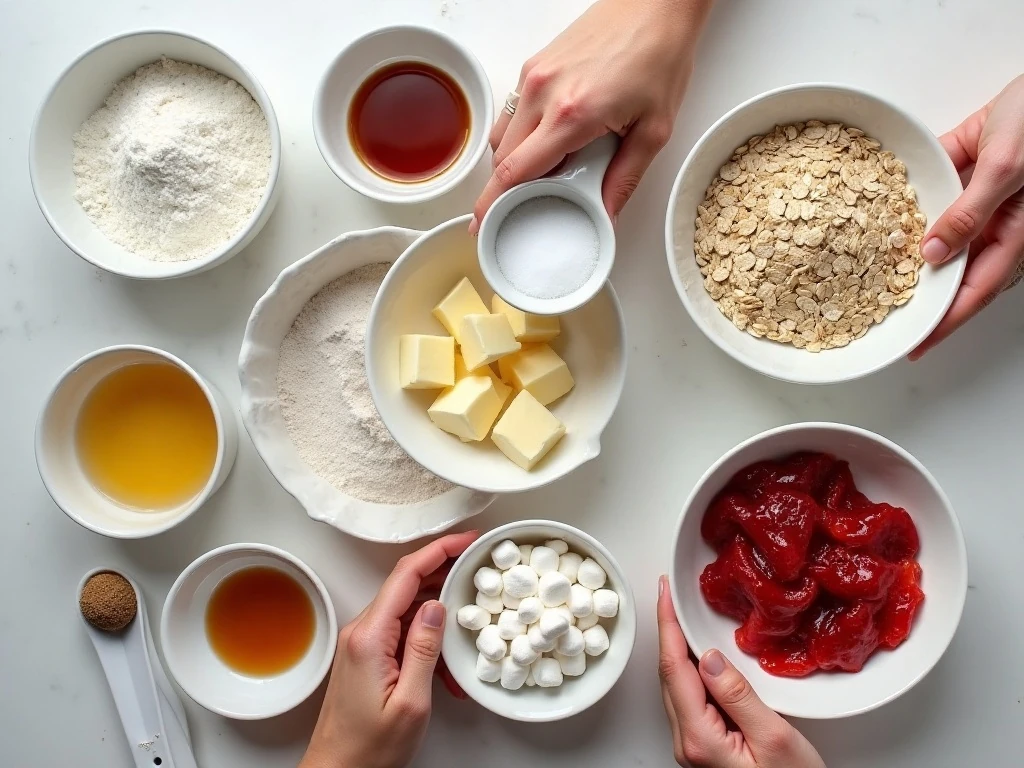 Ingredients for strawberry marshmallow crumb bars