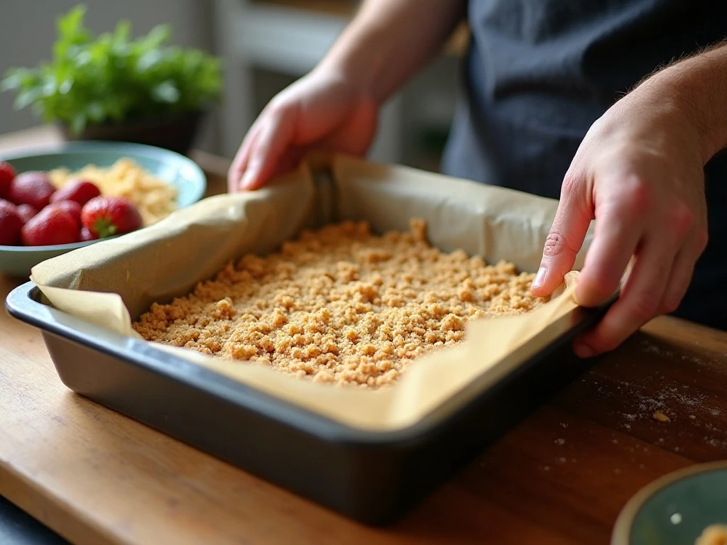 Pressing oat crumb mixture into a baking pan