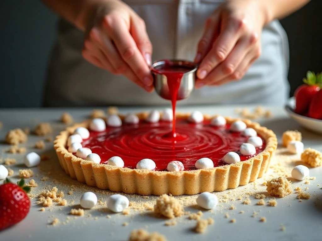 Layering strawberry preserves and marshmallows over crumb crust