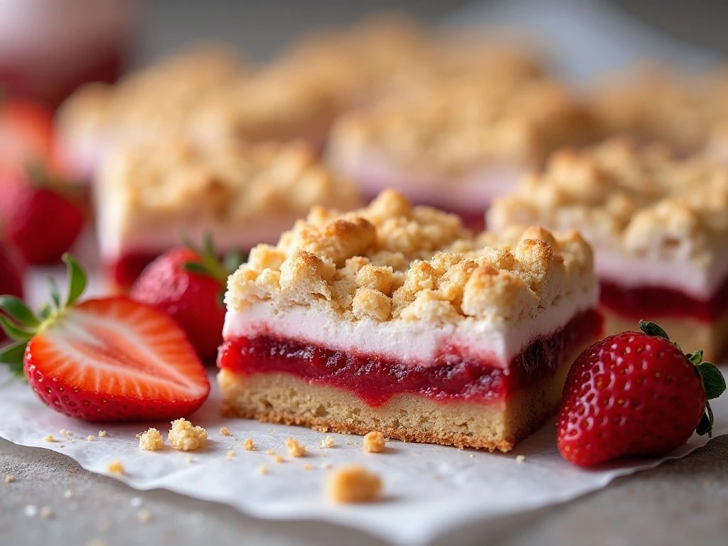 Close-up of a sliced strawberry marshmallow crumb bar