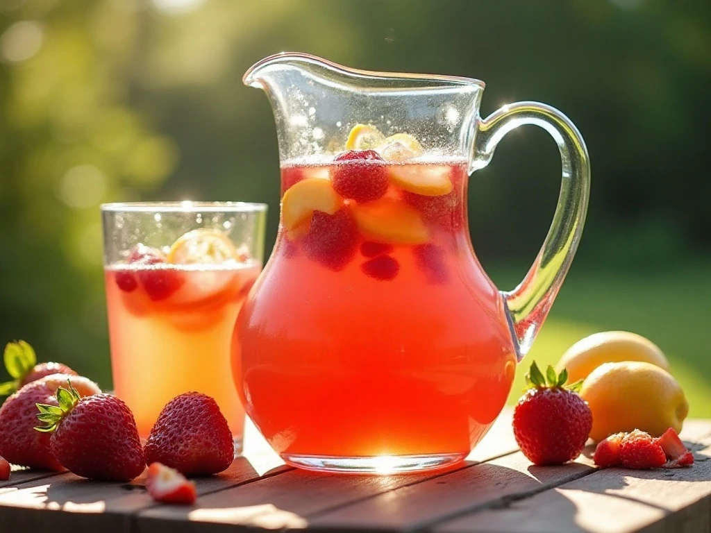 Pitcher and glasses of strawberry nectarine lemonade on a summer table