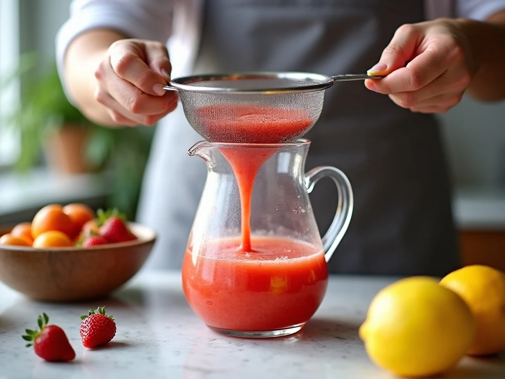 Straining strawberry nectarine fruit purée for lemonade