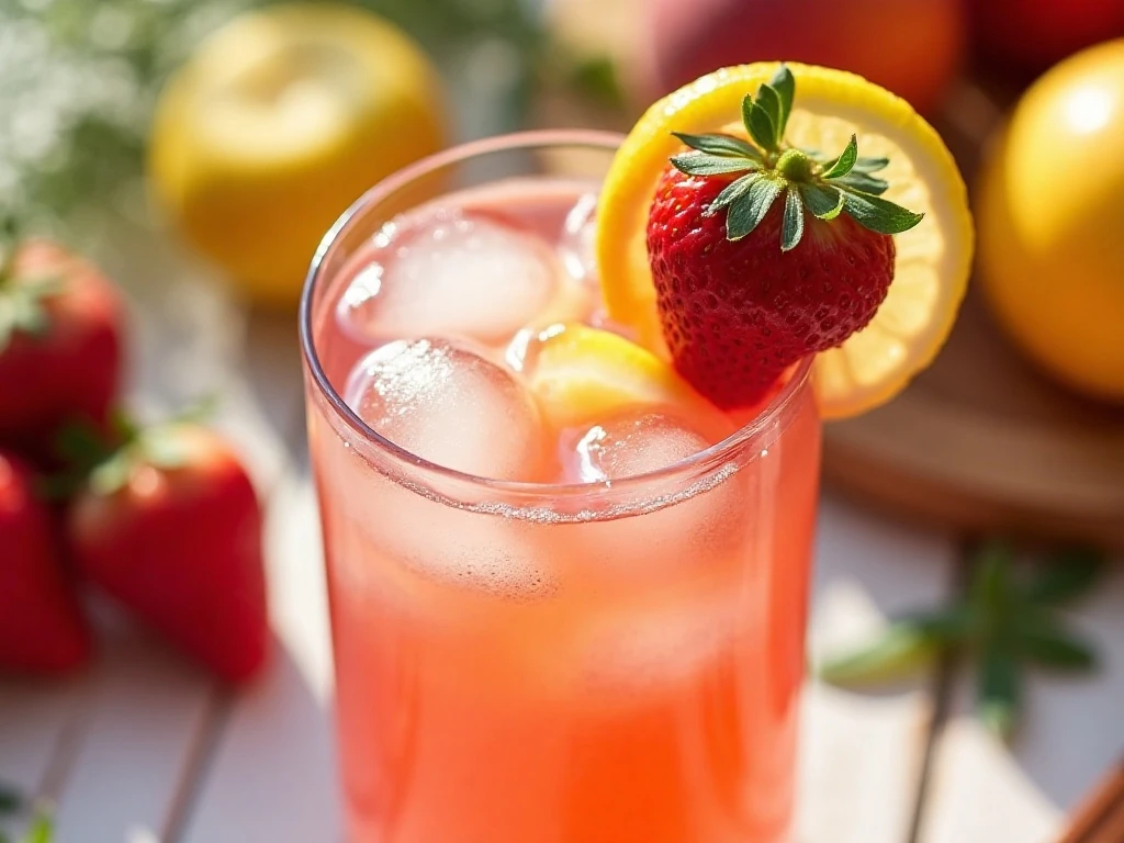 Close-up glass of lemonade with lemon strawberry and nectarine garnish