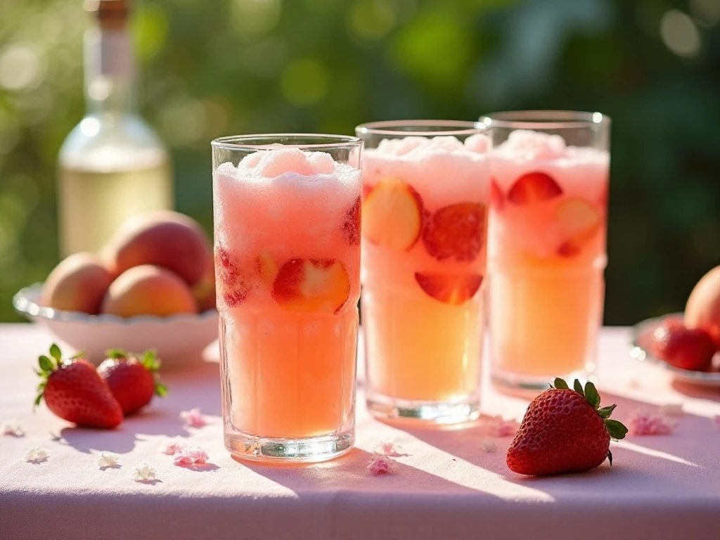 Four strawberry peach wine slushies ready for summer serving