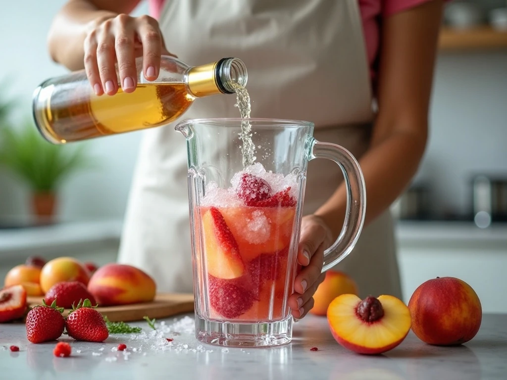 Blending wine with frozen strawberries and peaches