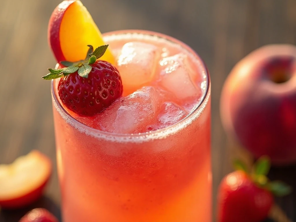 Close-up garnish on a frozen strawberry peach wine cocktail
