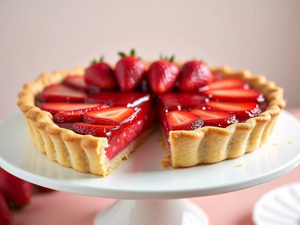 Whole homemade fresh strawberry pie with glossy berries and golden crust