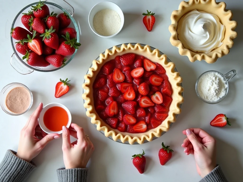 Ingredients for homemade strawberry pie arranged on a kitchen counter