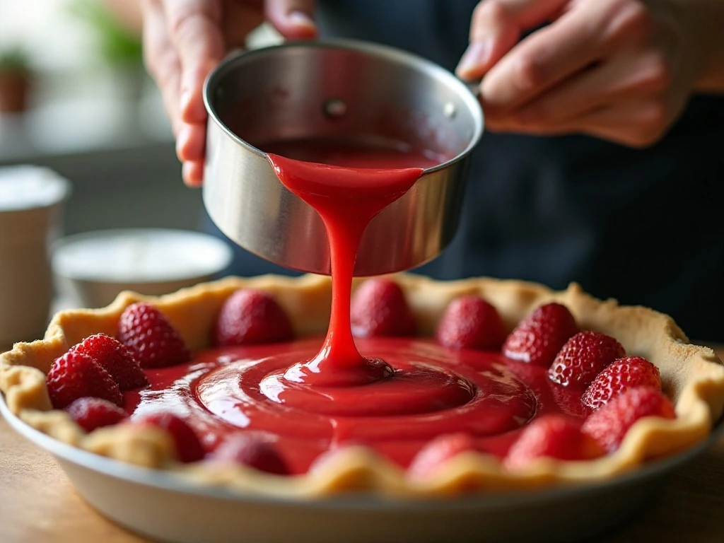 Preparing the strawberry glaze for homemade strawberry pie