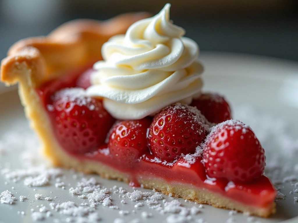 Chilled strawberry pie slice served with whipped cream