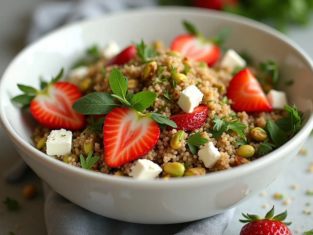 Healthy strawberry pistachio quinoa salad served in a bowl