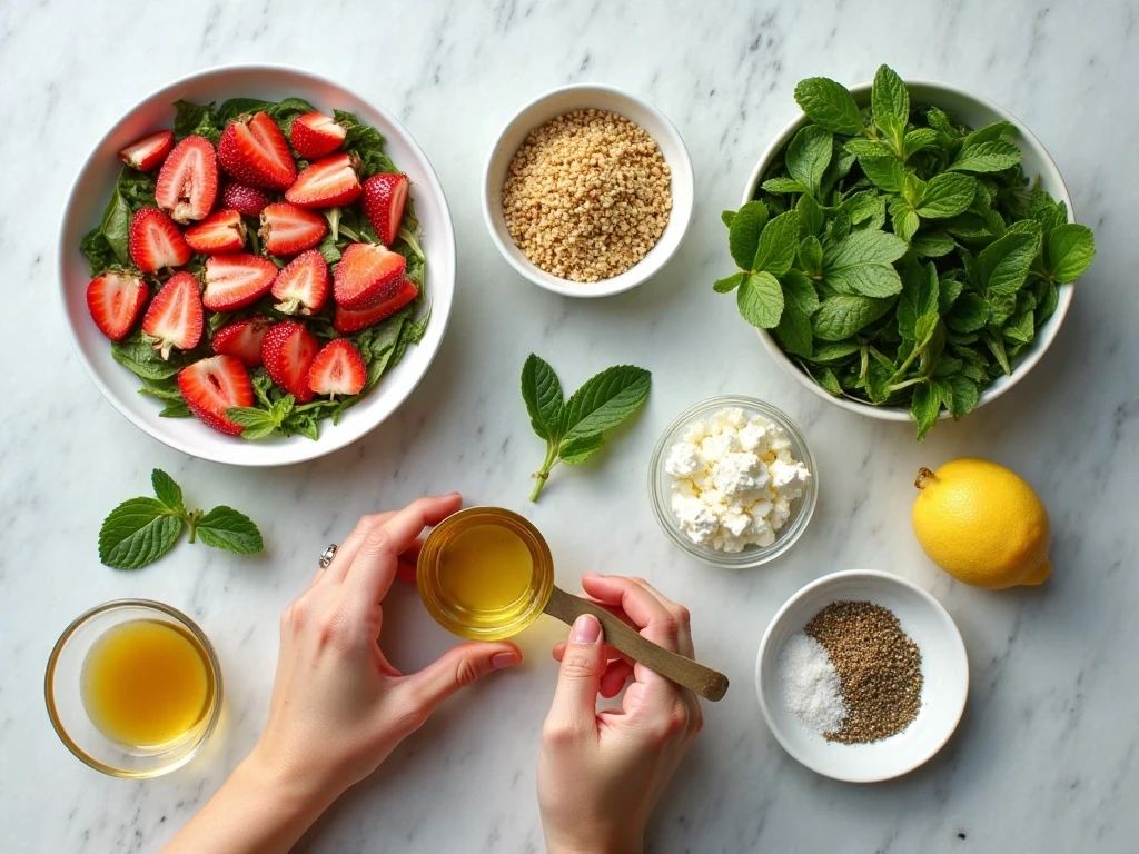 Ingredients for strawberry pistachio quinoa salad and lemon-honey dressing