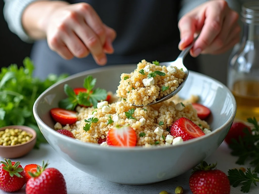 Preparing quinoa salad ingredients in a large bowl