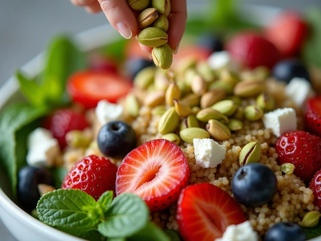 Crisp pistachios garnishing strawberry quinoa salad