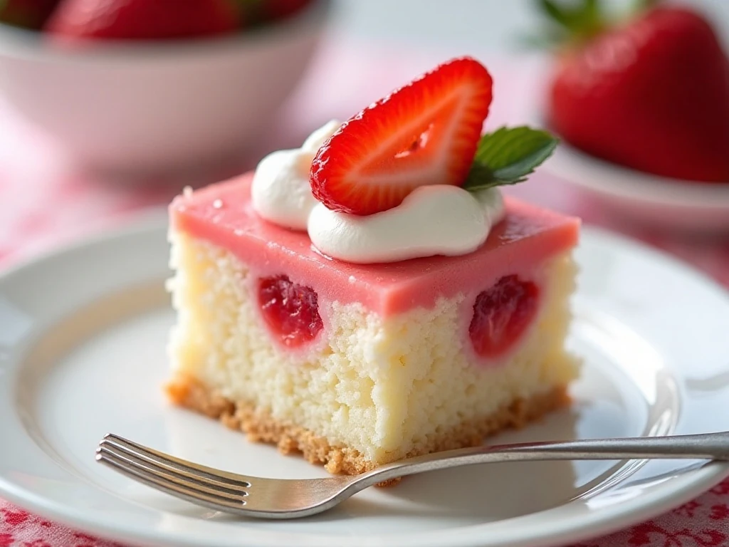 Slice of strawberry poke cake with whipped topping and fresh strawberries