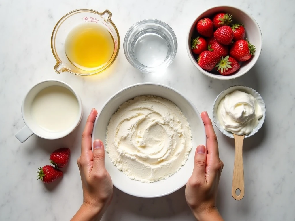 Ingredients for strawberry poke cake arranged for baking