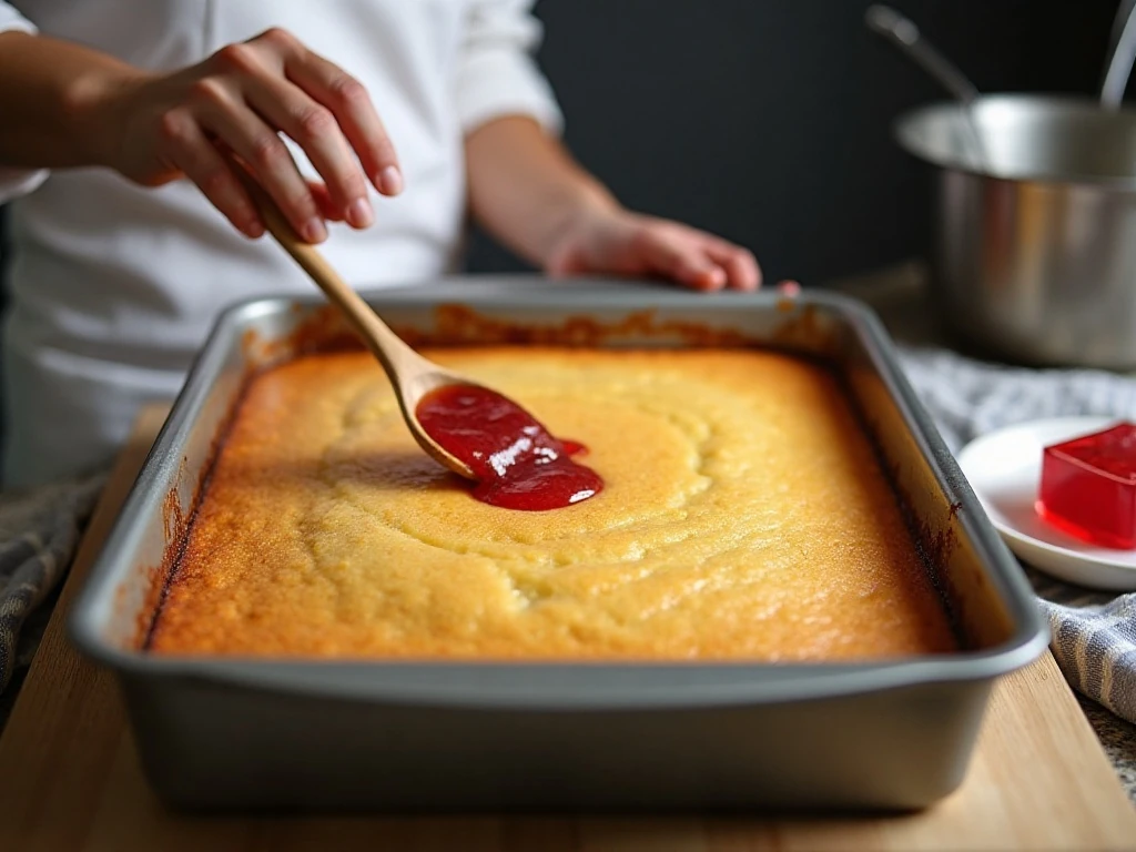 Poking holes in a warm cake before adding strawberry gelatin