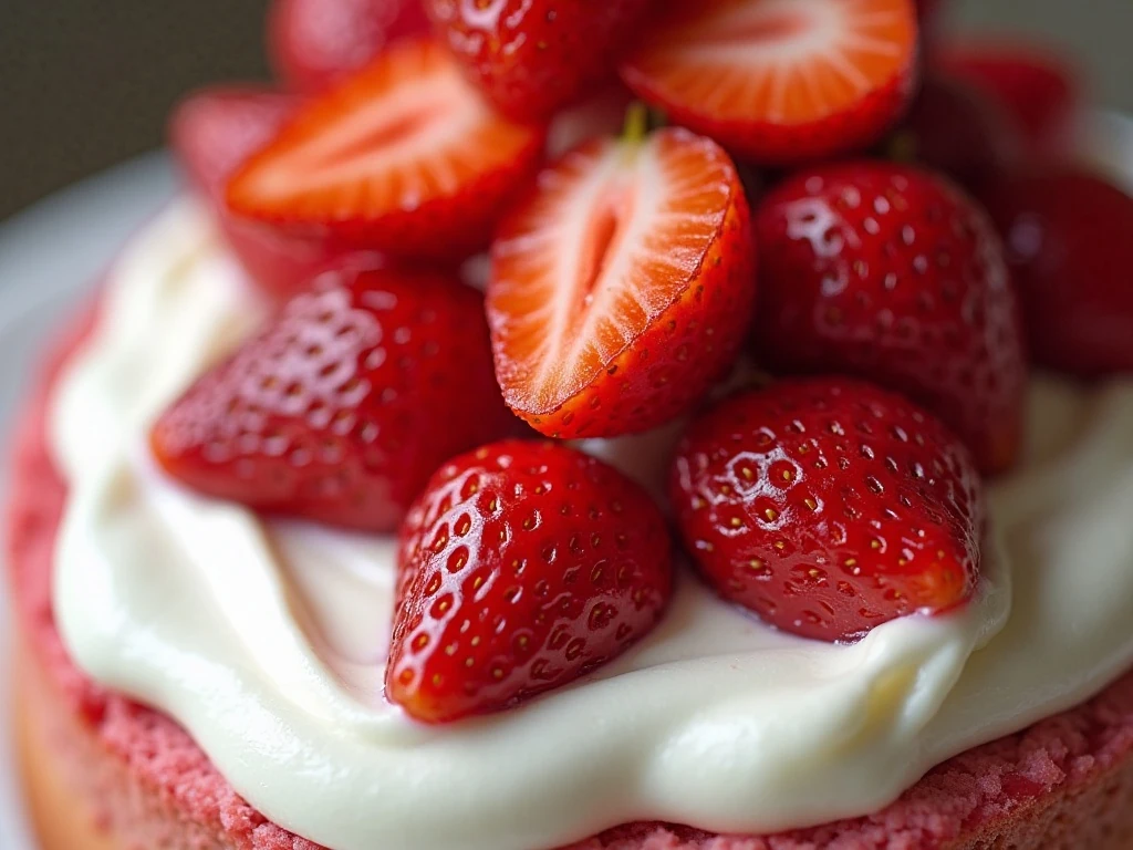 Fresh strawberries arranged over whipped topping on poke cake