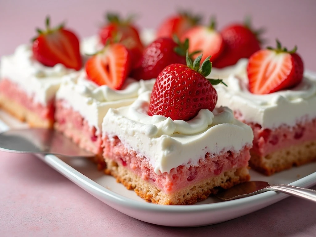 Chilled strawberry poke cake ready to serve