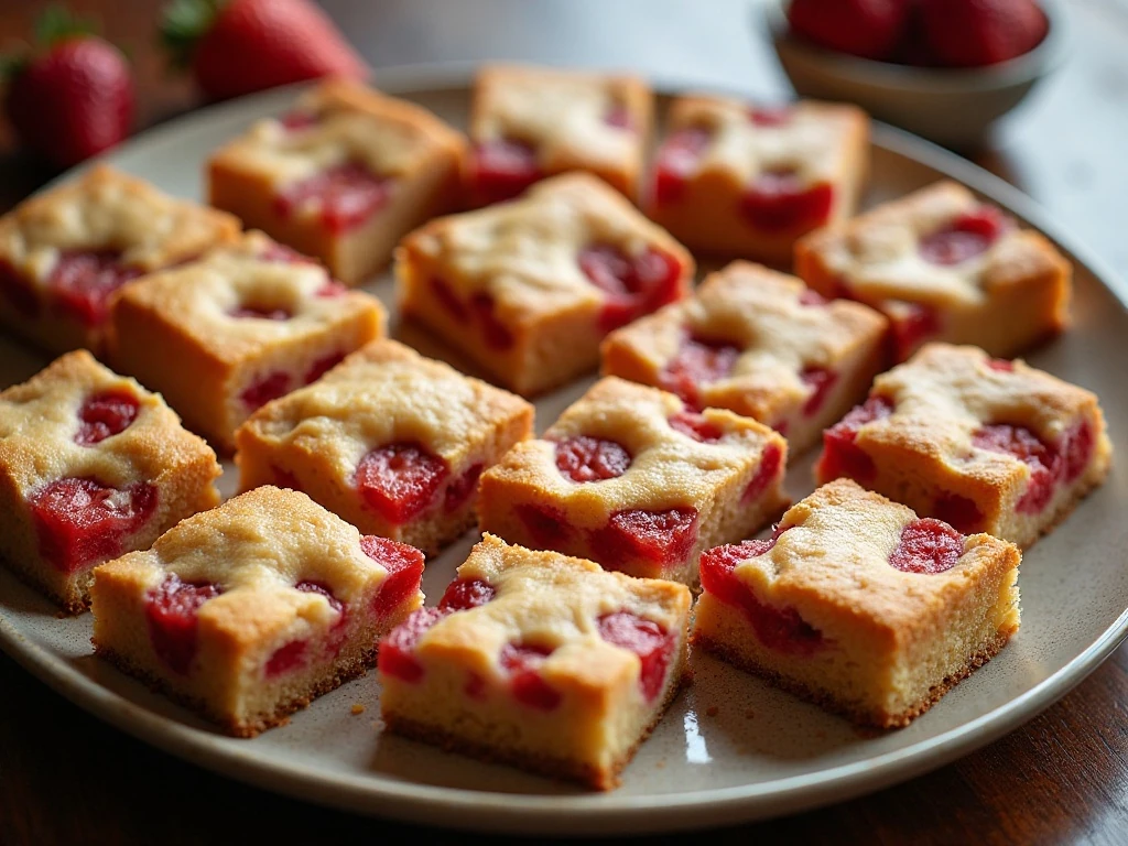 Golden strawberry rhubarb blondies arranged on a serving platter