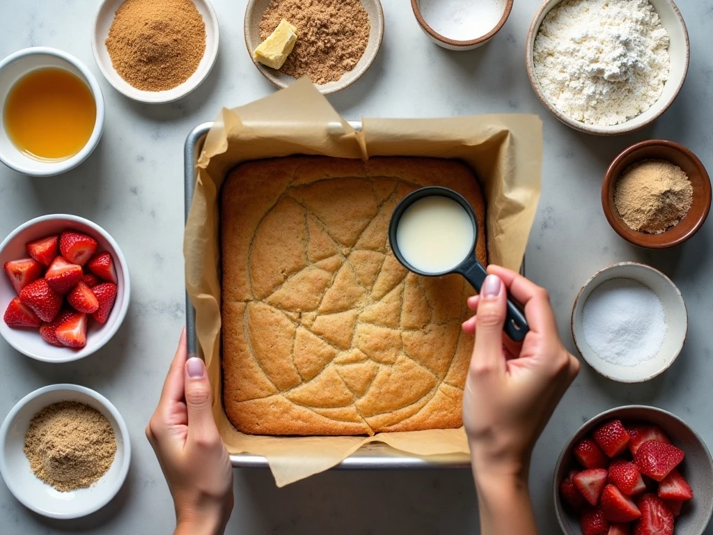 Ingredients for strawberry rhubarb blondies laid out beside a baking pan