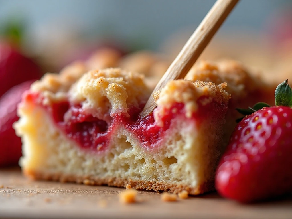 Moist crumb and fruit pieces visible in a baked strawberry rhubarb blondie