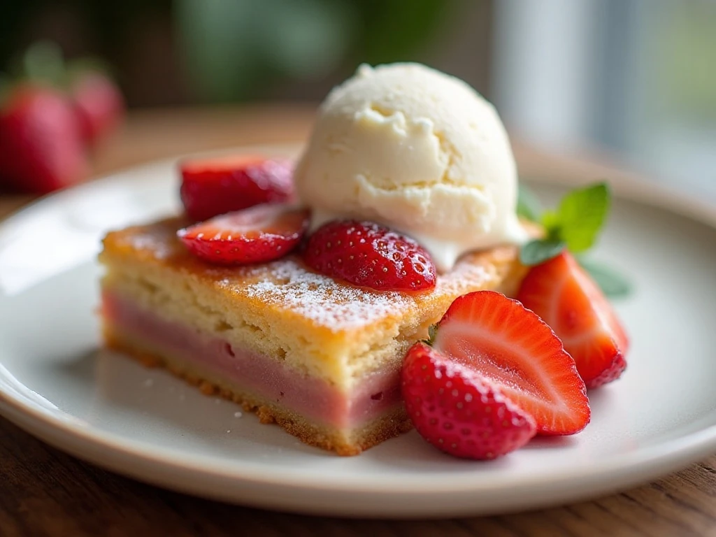 Strawberry rhubarb blondie served with vanilla ice cream