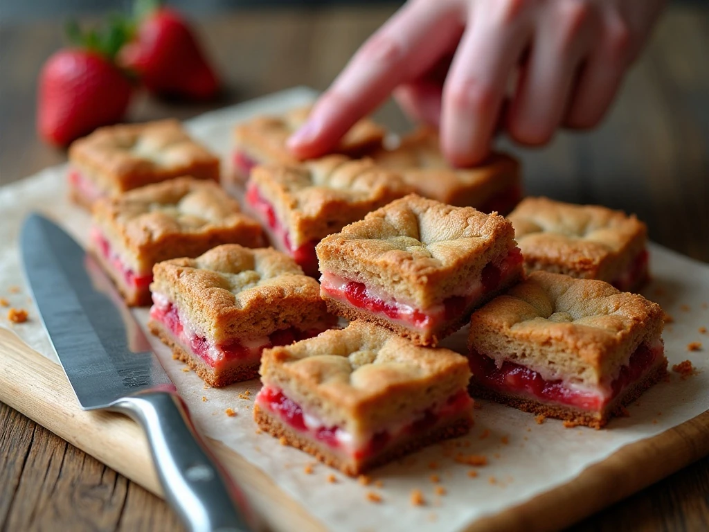 Neatly sliced strawberry rhubarb blondies ready for serving