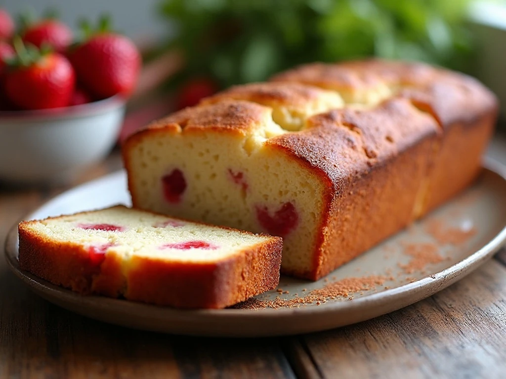 Sliced strawberry rhubarb bread with a cinnamon-sugar crust