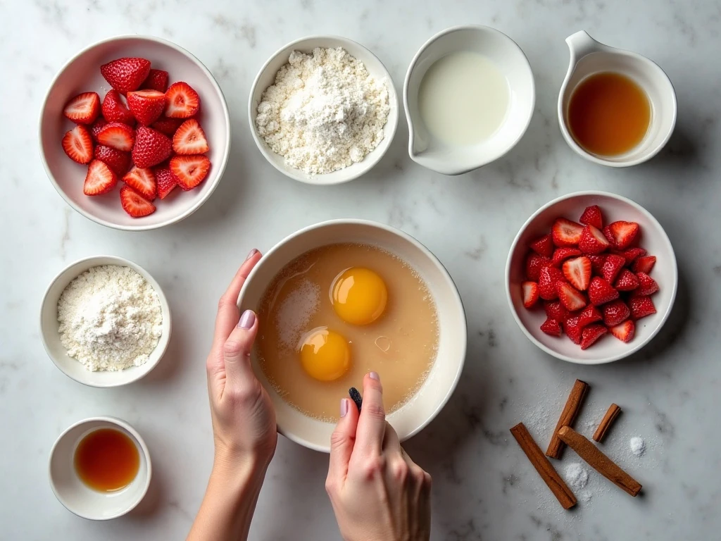 Ingredients for easy strawberry rhubarb quick bread
