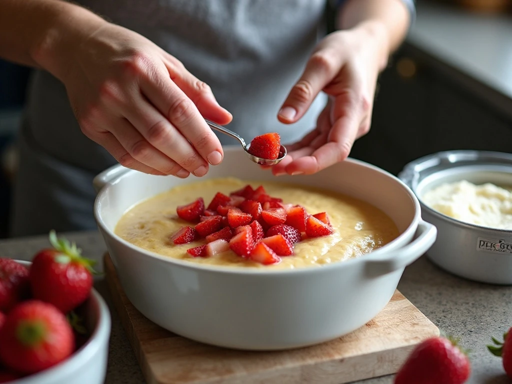 Folding strawberries and rhubarb into quick bread batter