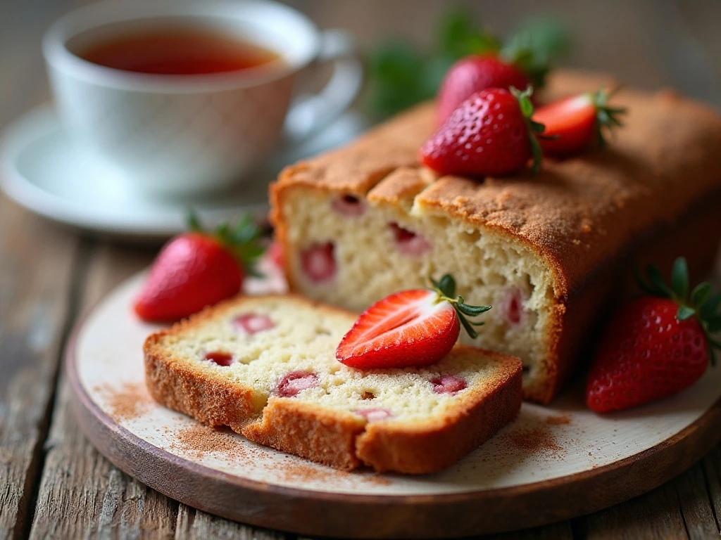 Close-up slice of strawberry rhubarb bread served with tea