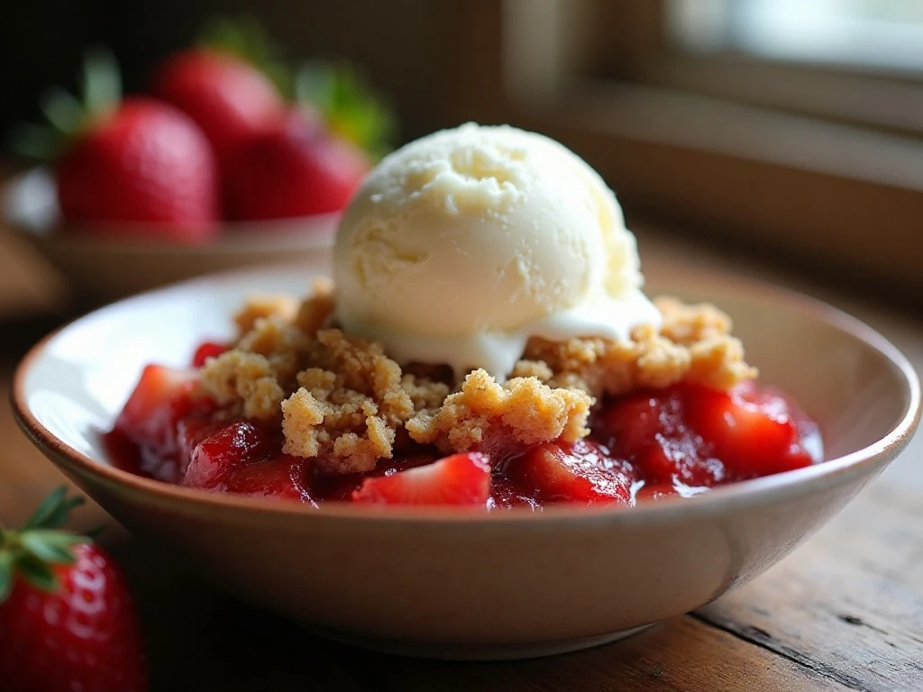 Warm strawberry rhubarb crisp with vanilla ice cream