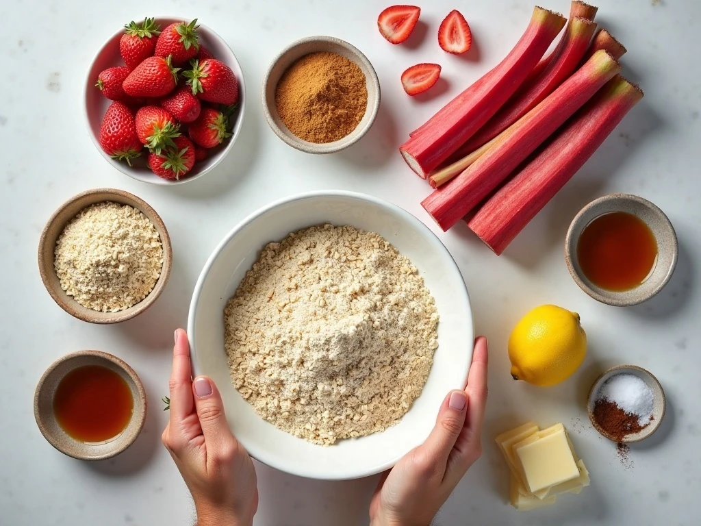 Ingredients for strawberry rhubarb crisp arranged for baking