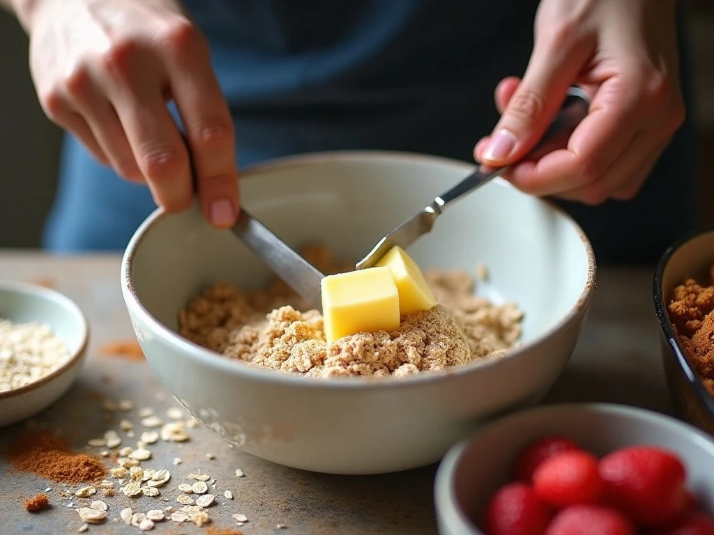 Preparing the buttery oat topping for strawberry rhubarb crisp