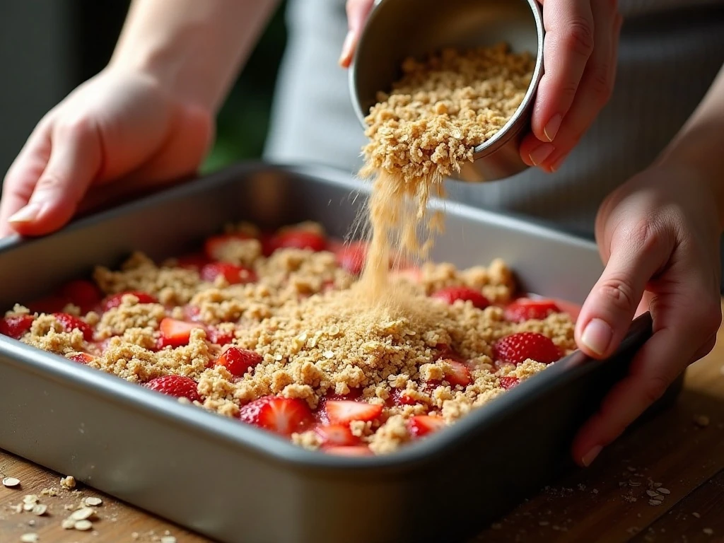 Oat crumble topping spread over strawberry rhubarb filling