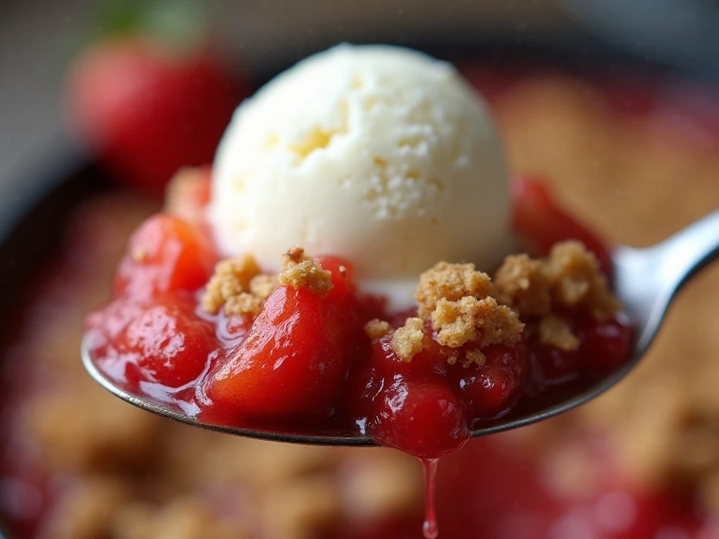 Spoonful of strawberry rhubarb crisp with melting ice cream