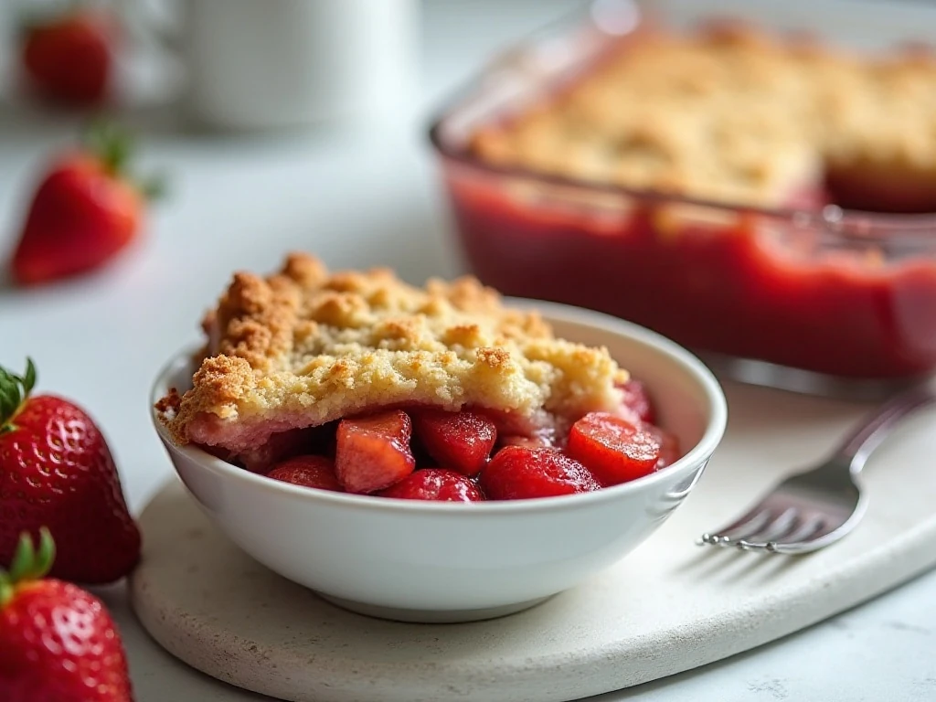 Leftover strawberry rhubarb crisp ready to serve